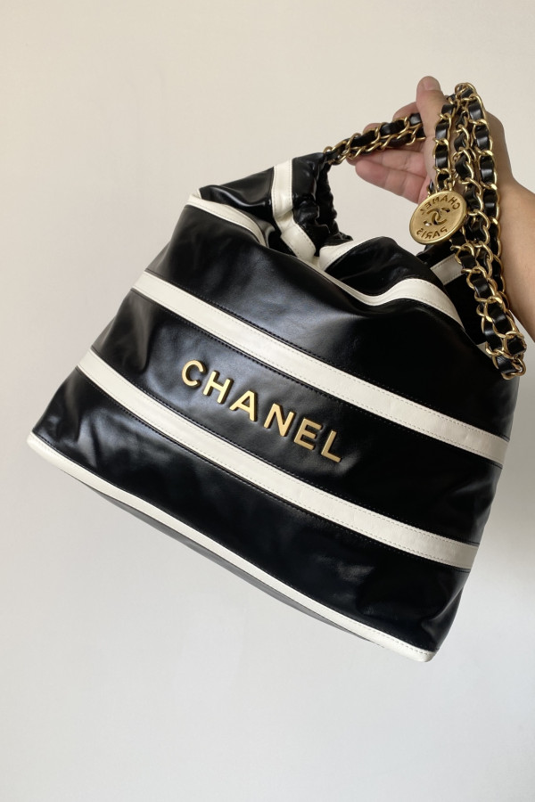 Chanel 24SS Small 22 Bag, "Black & White Stripe" design